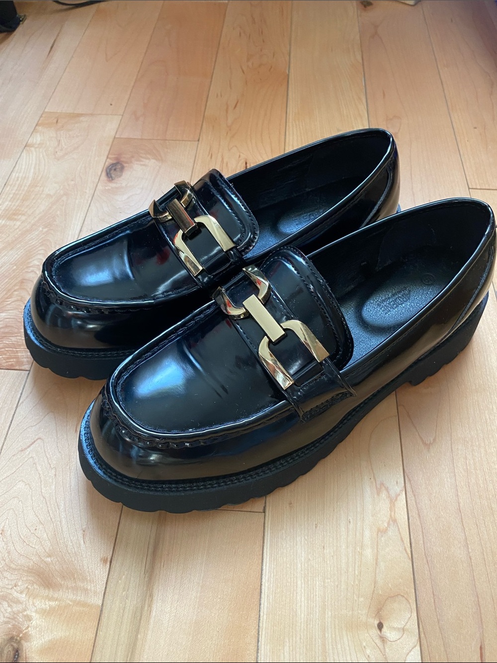Black Loafers with Gold Chain Hardware